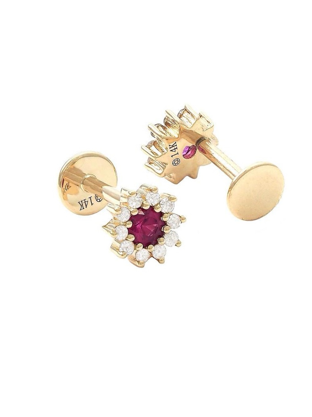 Solid Real Yellow Gold Round Ruby and Diamond Screw Flat-Back Earrings 6 mm